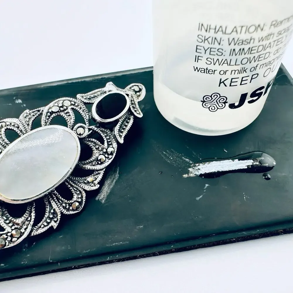 Vintage 925 Victorian Revival Onyx Mother of Pearl Marcasite Filigree Brooch